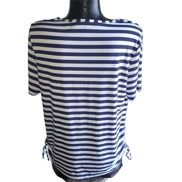 Claire France Navy and White Striped Short Sleeve Drape Neck Top 1X - Picture 5 of 6